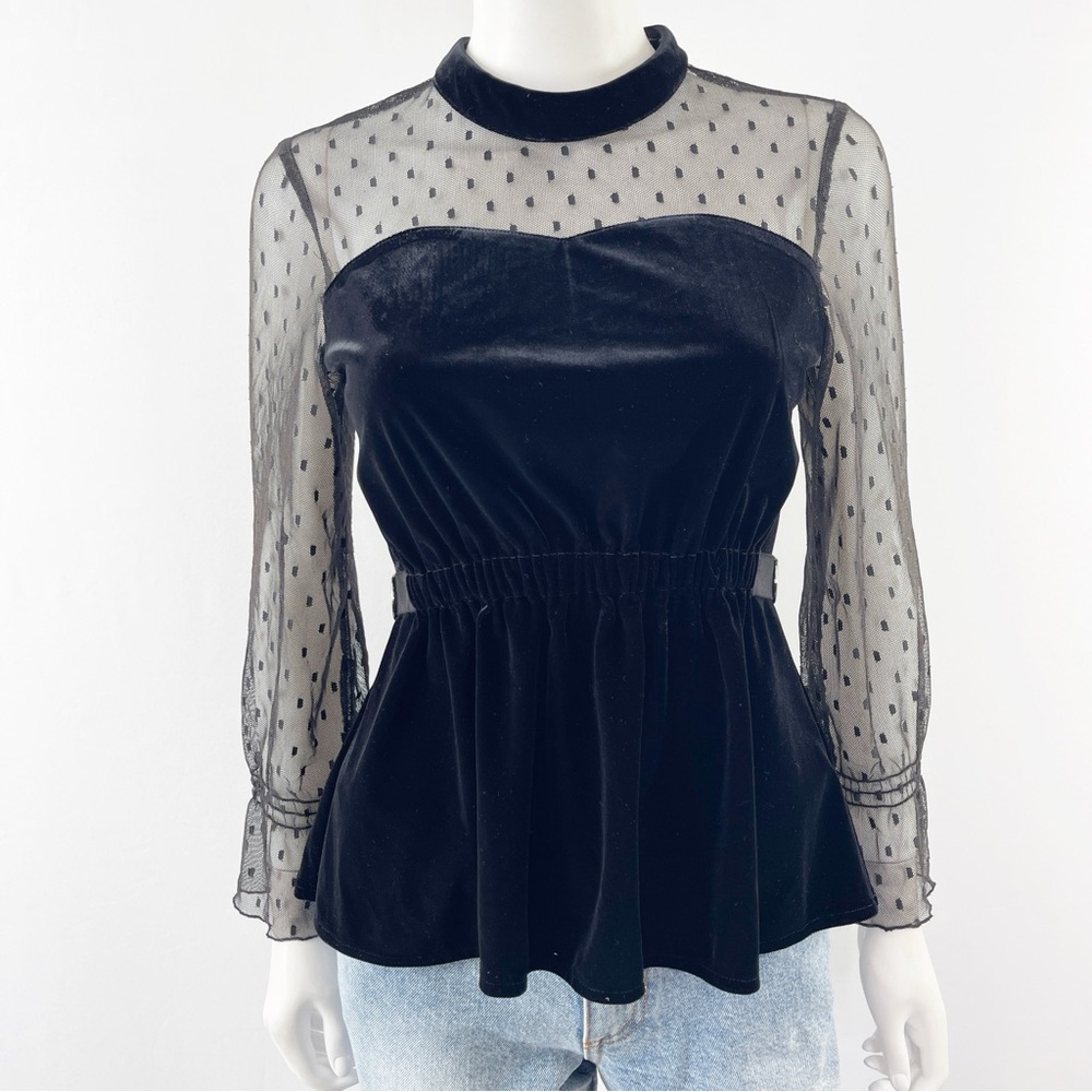 RMO & JUL Black Velvet Top Size M Sheer Lace Sleeves Goth Witchy Vampire Fairy